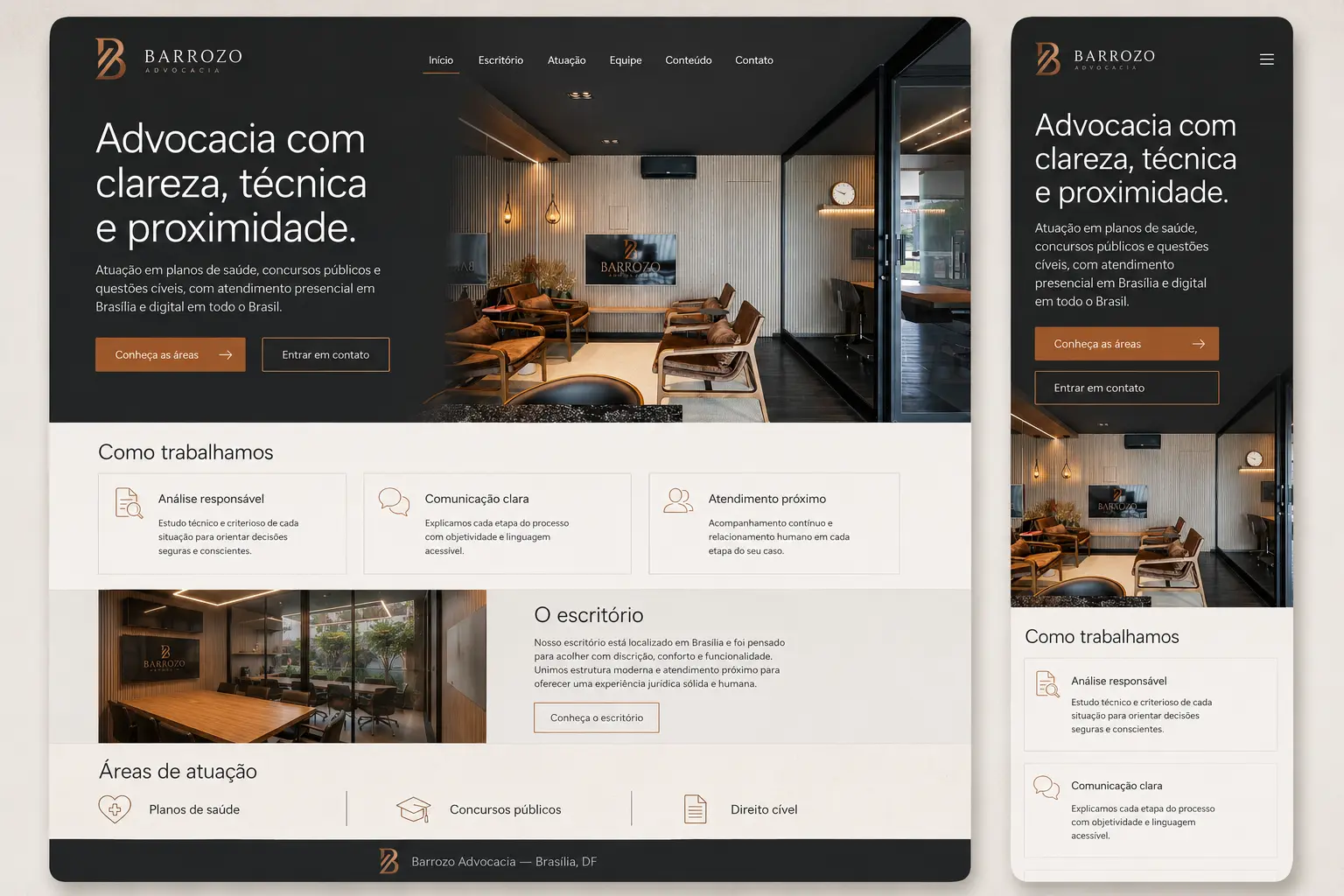 Protótipo responsivo desktop e mobile da Barrozo Advocacia
