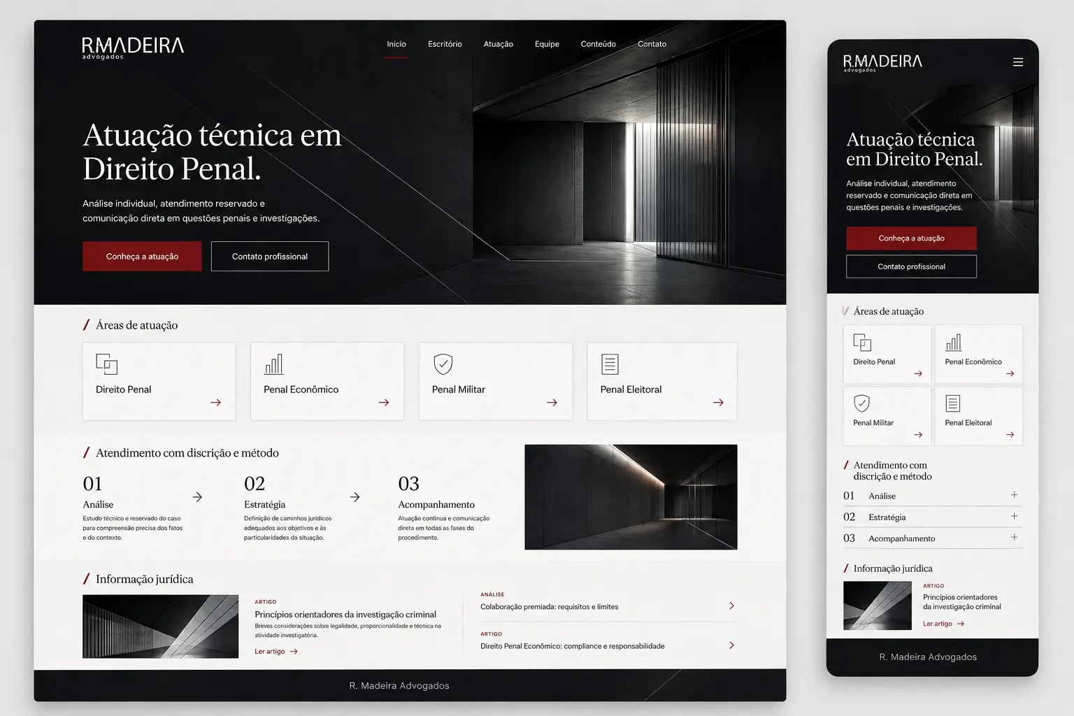 Protótipo responsivo desktop e mobile da R. Madeira Advogados
